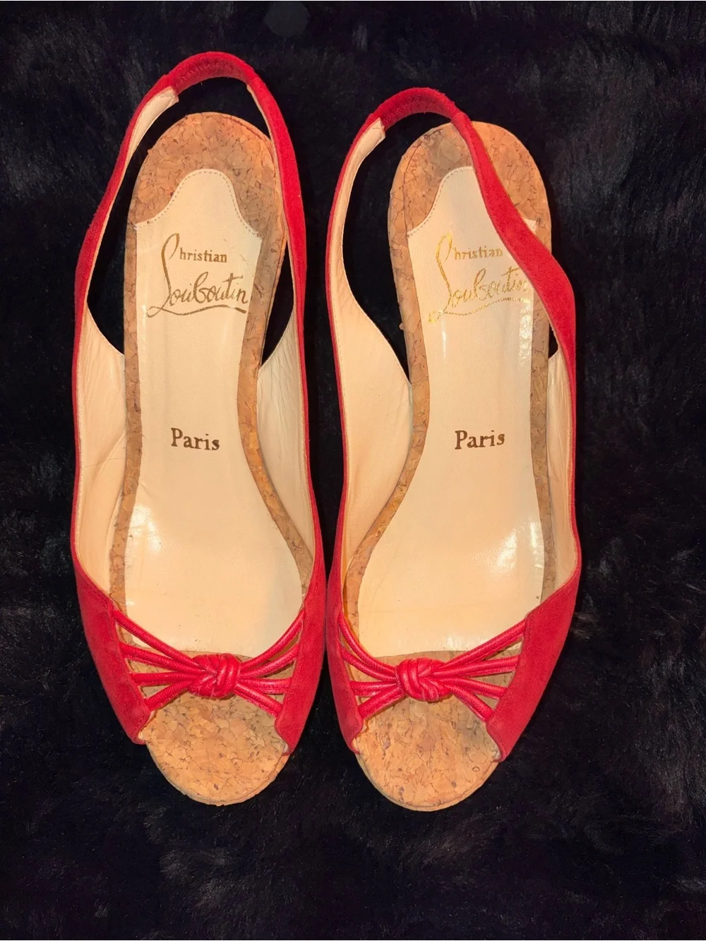 Christian Louboutin Red Suede Cork Wedge Slingback Heels Size 38 EU / US 7.5–8